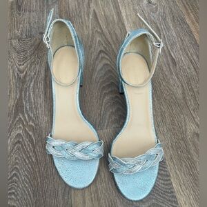 Sundance Leather Block Heel Sandals Blue Braided Ankle Strap Women 40 boho